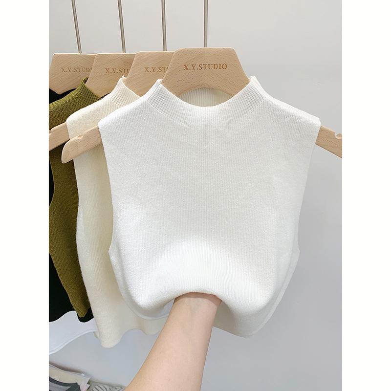 

Женский утягивающий трикотажный топ-майка с полуводолазкой без рукавов, цветной блок, французский винтажный стиль, летний, универсальный, многослойный, эластичный, полиэстер, один размер 40-60KG белый