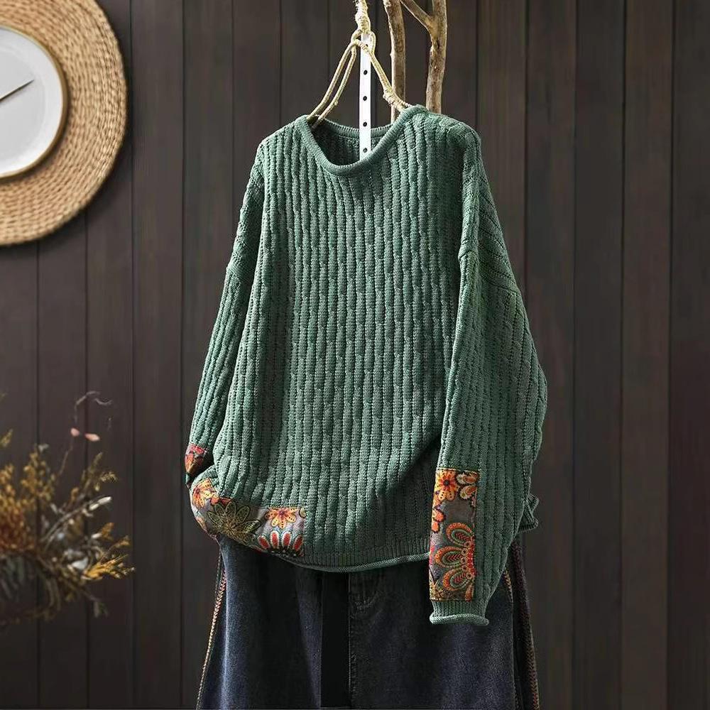 Winter Fall Fashion Vintage Sweater Women's O-neck Loose Casual Lazy-style Casual Pullover Flower Print Patchwork Knitwear
