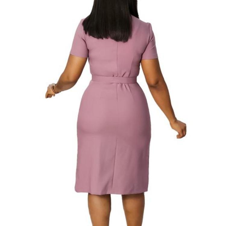 Damen Formell Plissiert V-Ausschnitt Kurzarm Etuikleid Schlanke Passform Enge Taille Business Sommer Bürokleid Unifarben