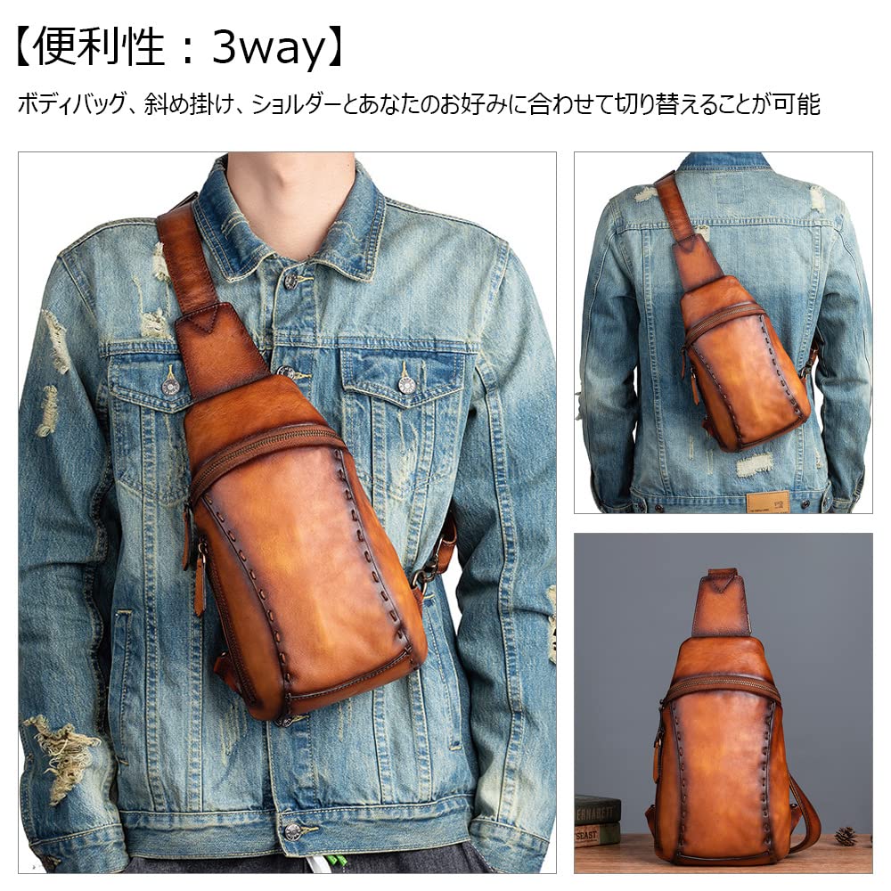 Whatna Antique-Style Tanned Natural Cowhide Leather Crossbody Bag, One-Shoulder Bag for Men, Genuine Leather, Thick Leather, Reversible, Left or