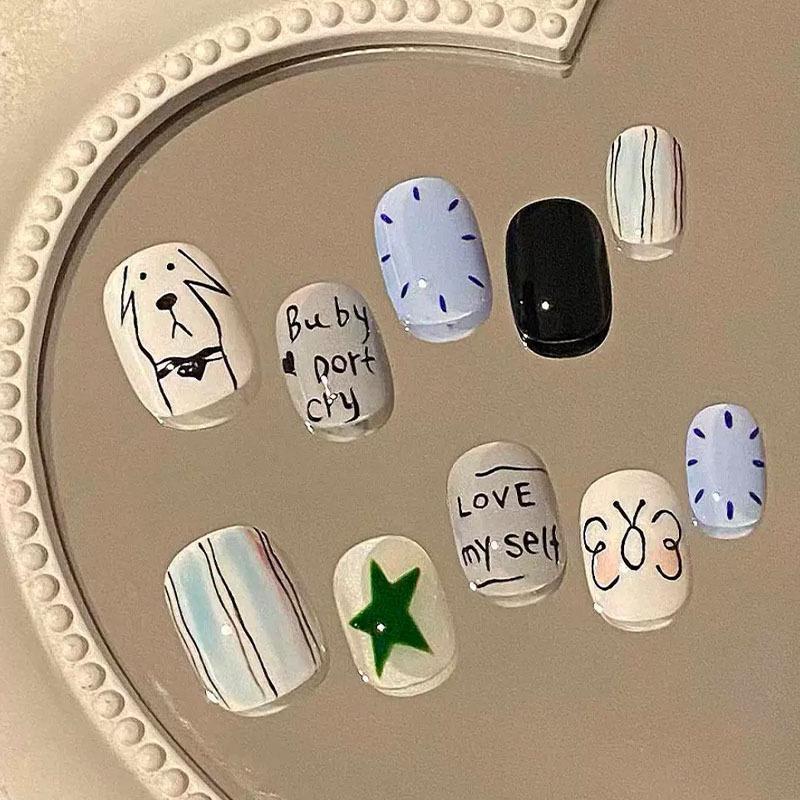 30Pcs Cute Cartoon Short Bean Shaped Press On Nails Autumn Winter Niche Design Fake Nails Gift For Girls And Friends