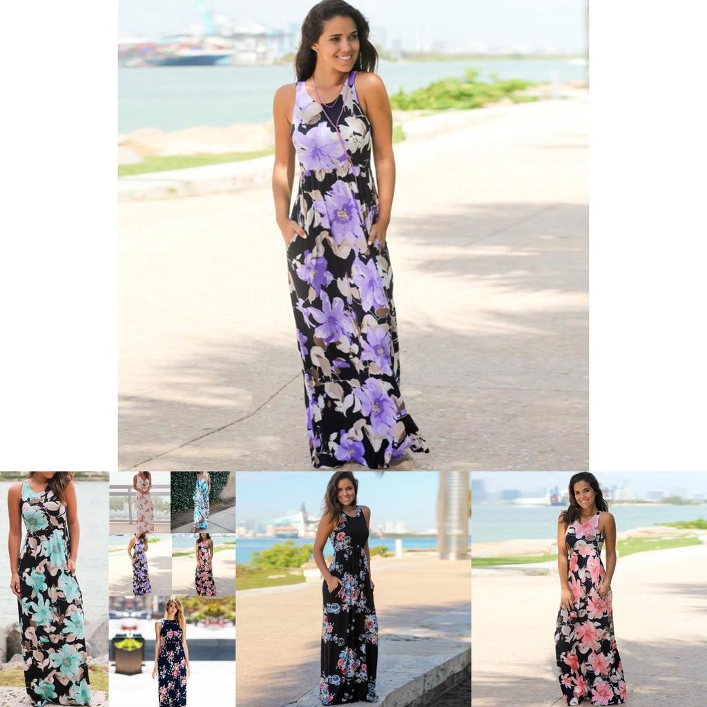 Elegantes Damen Sommer Boho Kleid Floral Ärmellos Strand Maxi Lang Sommerkleid Für Jeden Anlass