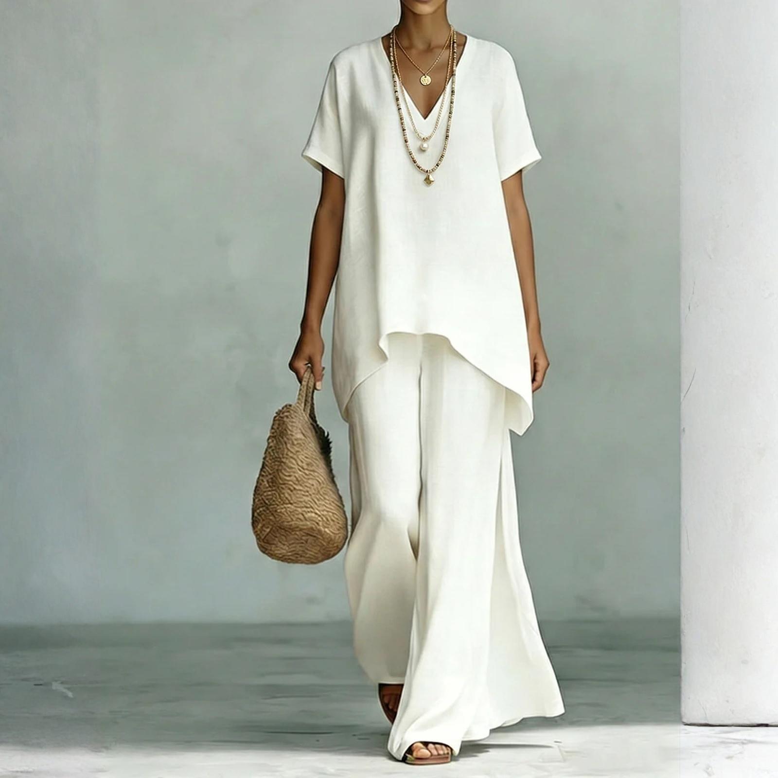 

Модный и сексуальный женский весенне-летний ретро костюм из льна с эластичным поясом, женская мода, цветной, повседневный, комплект из двух предметов XL белый