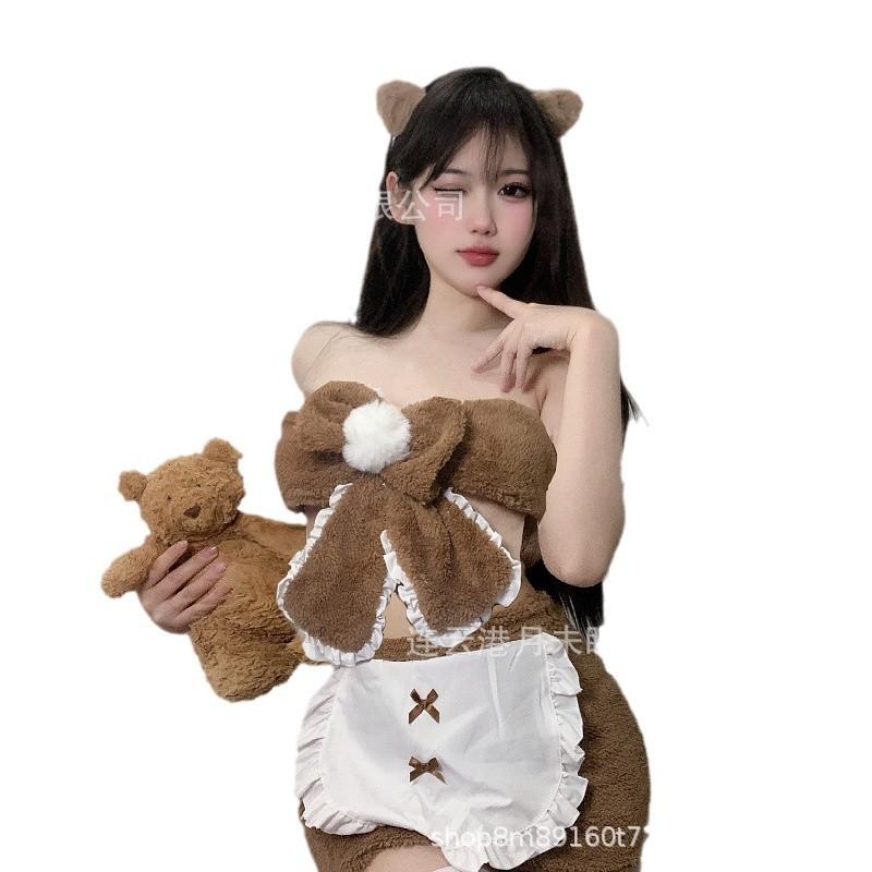 Processing erotic underwear hollow love chest sexy cat ear plush female split leaking navel uniform