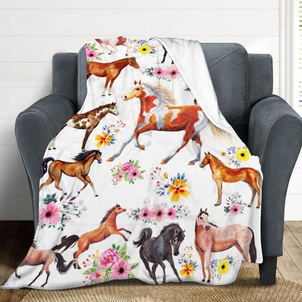 Horse Blanket Gifts for Girls Women Western Horses Flowers Animal Fleece Flannel Throw Blankets Soft Lightweight Horse Plush Stu