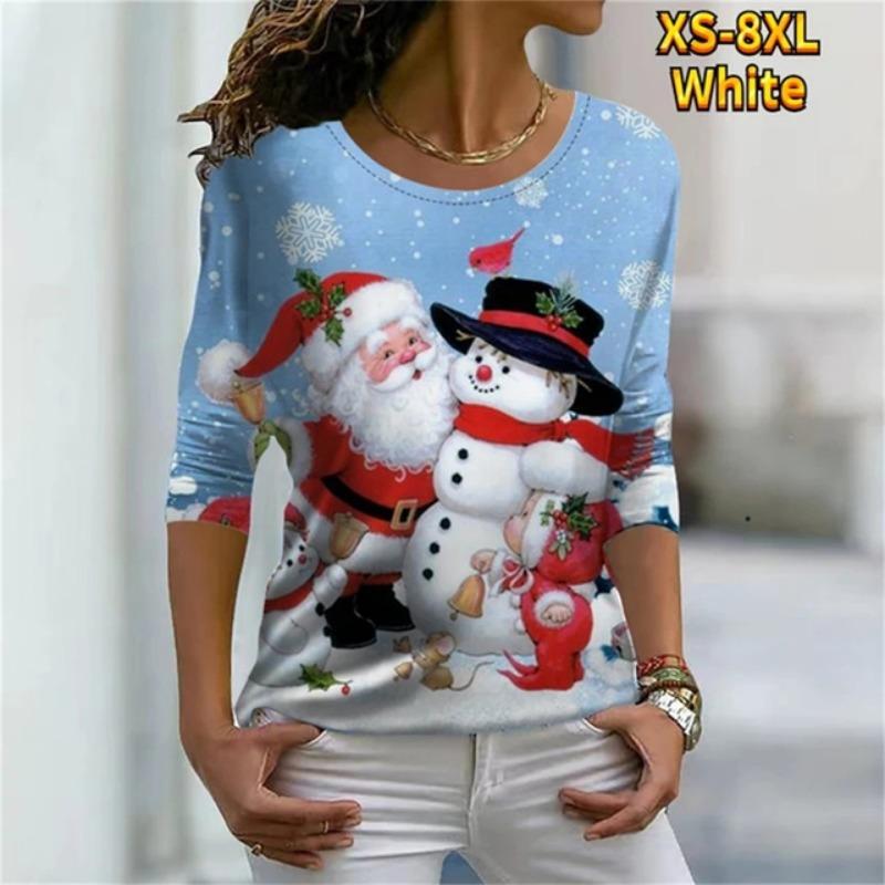 

Женская футболка Рождественская цифровая 3D-печать с длинным рукавом и круглым вырезом Свободная рубашка Одежда Повседневная мода Летние топы Пуловер Универсальный 8XL