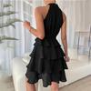 Women Autumn Winter Sleeveless Soild Color Halter Casual A-Line Knee-Length High Waist Ruffled Edges Dress