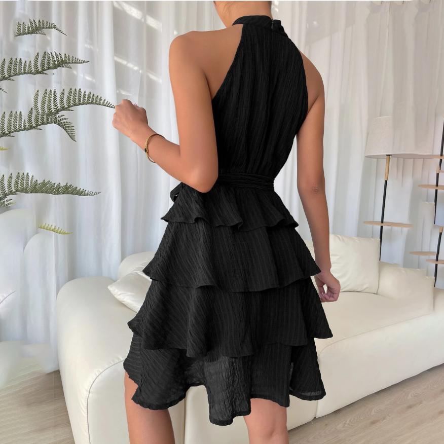Women Autumn Winter Sleeveless Soild Color Halter Casual A-Line Knee-Length High Waist Ruffled Edges Dress
