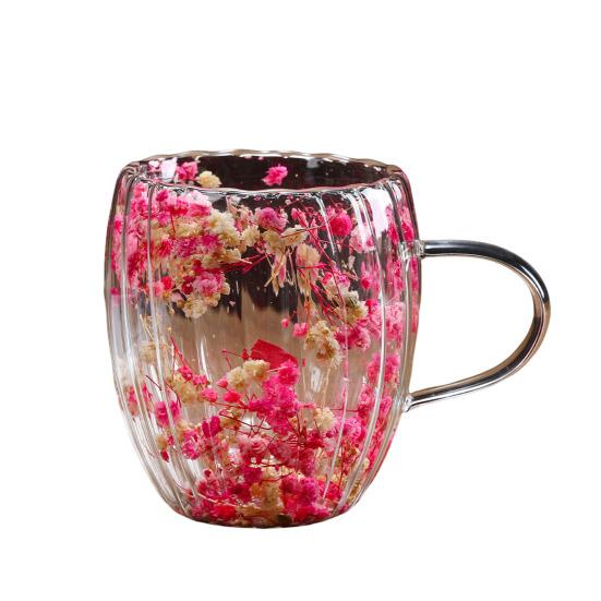 Double-Walled Glass Mug with Dried Flowers 250/350ml Heat Resistant Handle Coffee Cup for Hot Drinks Unique Artistic Glassware
