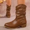 Medium Tube Fashion Boots Women's Large Size Thick Heel Pleated Feet Western Knight Boots Foreign Trade Leather Boots