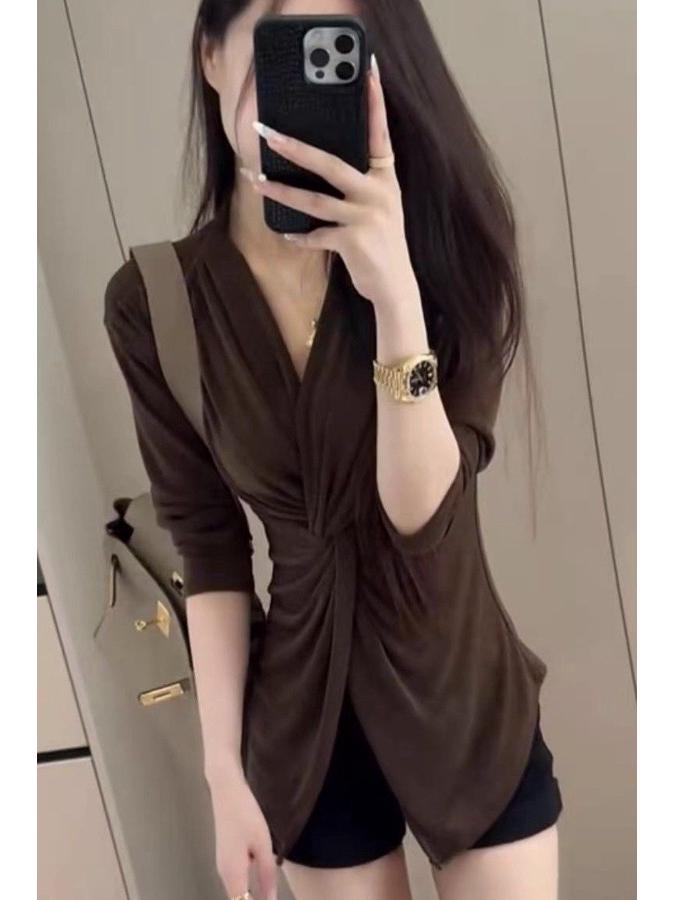 Women's Autumn 2025 Slim Fit V-Neck Twisted Long-Sleeve Top
