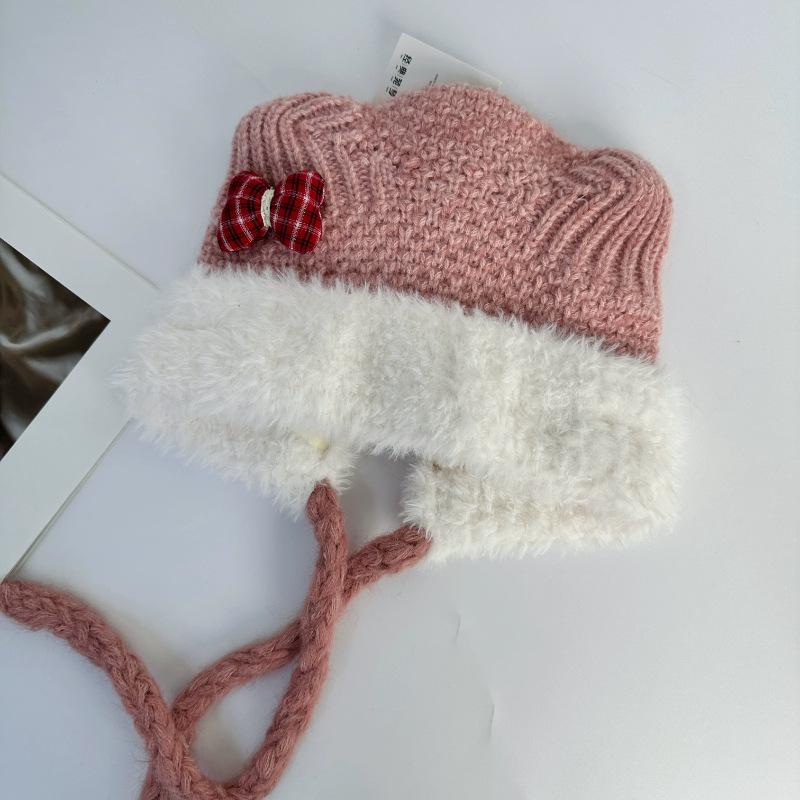 Cute Bear Ears Bow Knitted Lei Feng Hat Children's Winter Big Head Circumference Warm Ear Protective Wool Hat