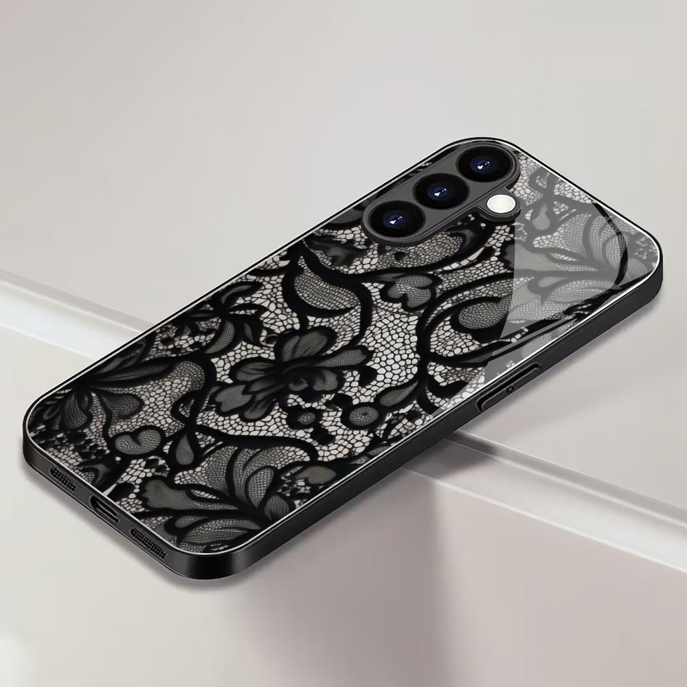 Custodia per telefono in vetro temperato con motivo in pizzo adatta per Samsung Galaxy S26 S25 S24 S23 S22 S21 S20 FE/Ultra/Plus antiurto