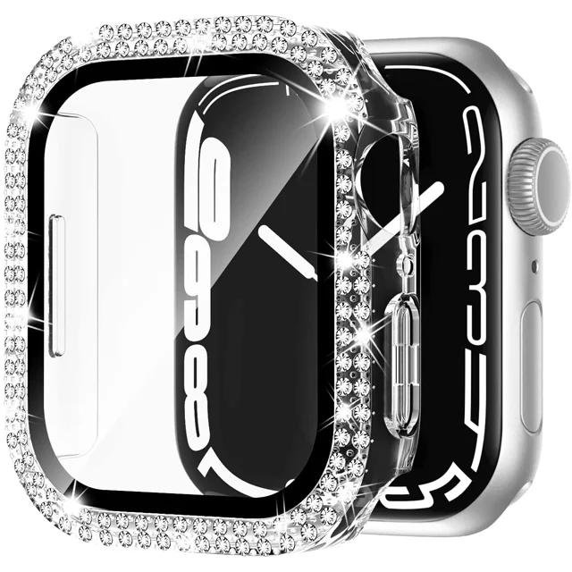 

Чехол Diamond PC с закаленным стеклом для Apple Watch Series 9 8 7 SE 6 5 4 3 2 1 Женские аксессуары Чехол+Защитная пленка для экрана для iWatch 45 мм 41 мм 44/40 мм 45mm for apple watch прозрачный