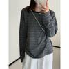 Versatile Striped Crew Neck Long Sleeve T-shirt: Punk-Inspired, Loose Fit, Slimming Korean Style for Autumn/Winter.