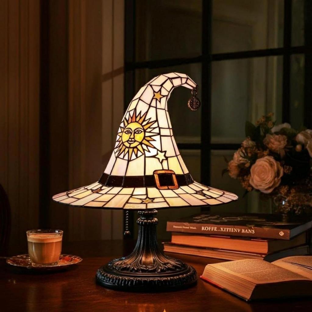 Witch Hat Lamps,2025 Stained Glass Witch Hat Lights with Mystical Charm, Handmade Gothic Wizard Hat Shape Lights for Wiccans & Halloween