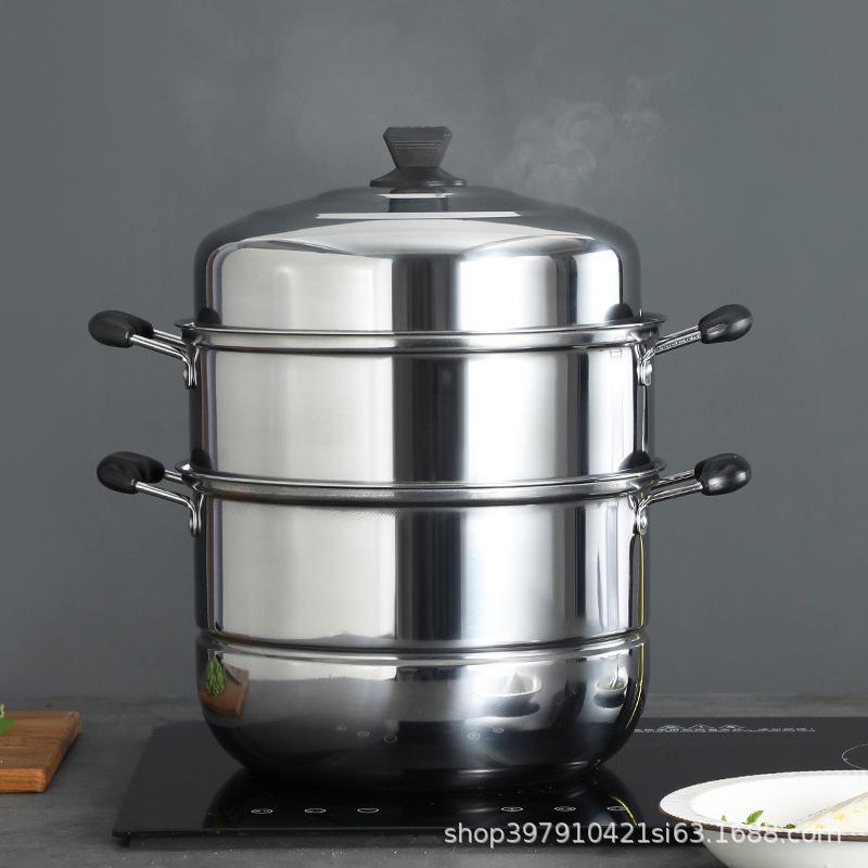 Thickened Stainless Steel Dual-Layer Steamer Pot, 28cm-40cm - Versatile for Steaming Buns, Fish, and Soup, Compatible with Induction Cookers.