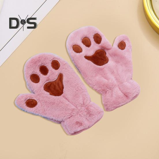 1 Pair Women Winter Mittens Cartoon Cat Paw Shape Thick Plush Anti-slip Heat Retention Outdoor Skiing Cycling Gloves