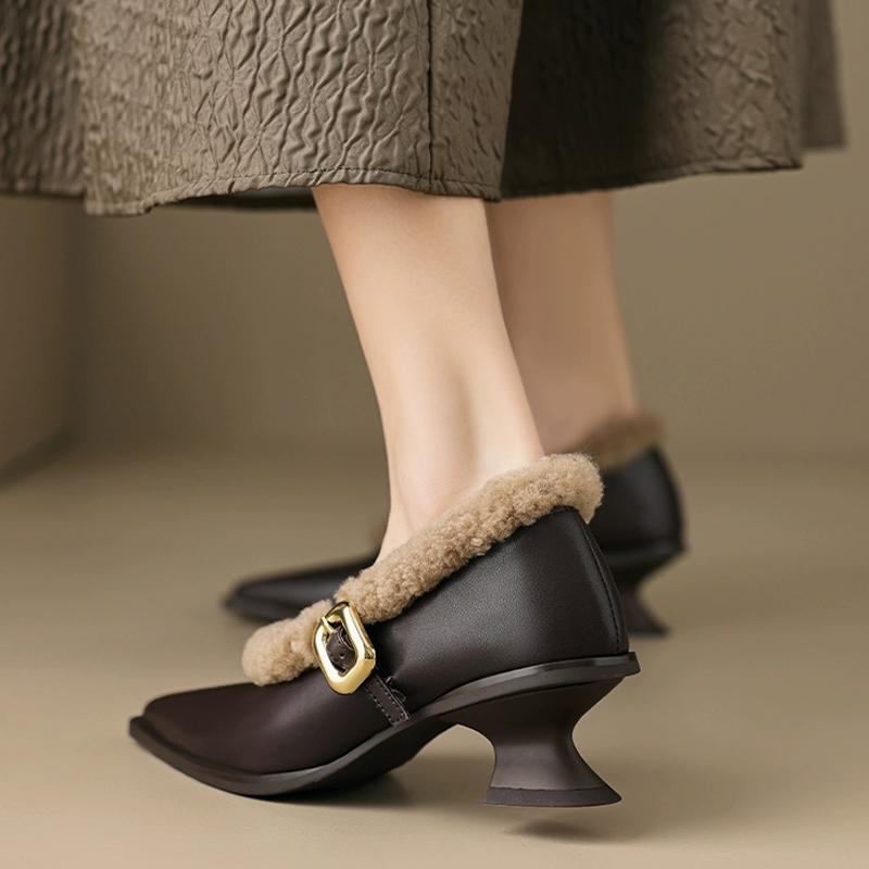 Elegant Metal Buckle Mary Janes Woman Chic Brand Design Fur Women Low Heel Dress Shoes Ladies Winter Warm Plush Belt Pump Zapato