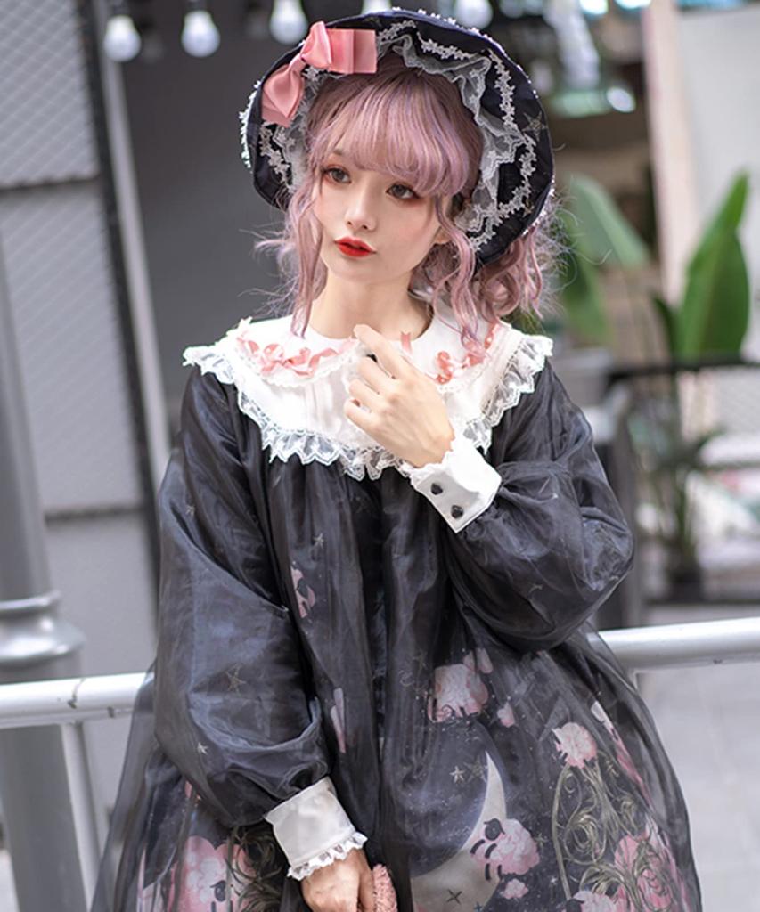 Milky Time Gothic Lolita Dress, Long Sleeve, Black Chiffon, Sheep Print, Cosplay Costume, Women's, Medium