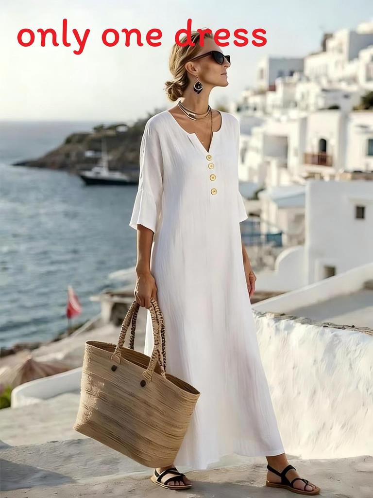 Elegant Long Sleeve A Line Dress With Button Detail For Casual Travel And Daily Wear
