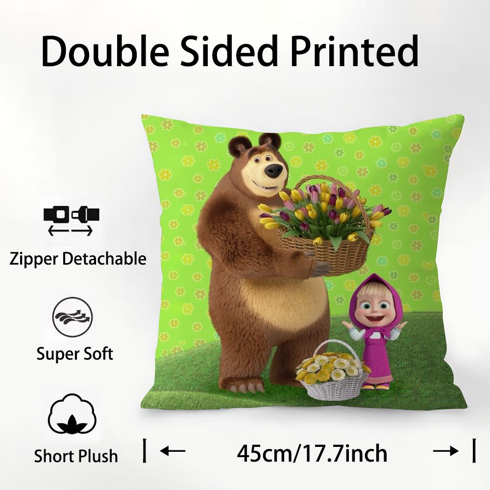 M-Masha And B-Bears Pillow Case Plush Fabric Soft Double Sided Print Sofa Cushion Cover Throw Pillow Covers