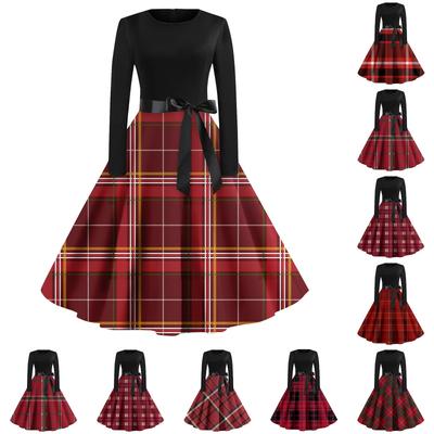 Damen Vintage Kariert Bedruckt Langarm Rundhals Übergröße Abend- und Ballkleider