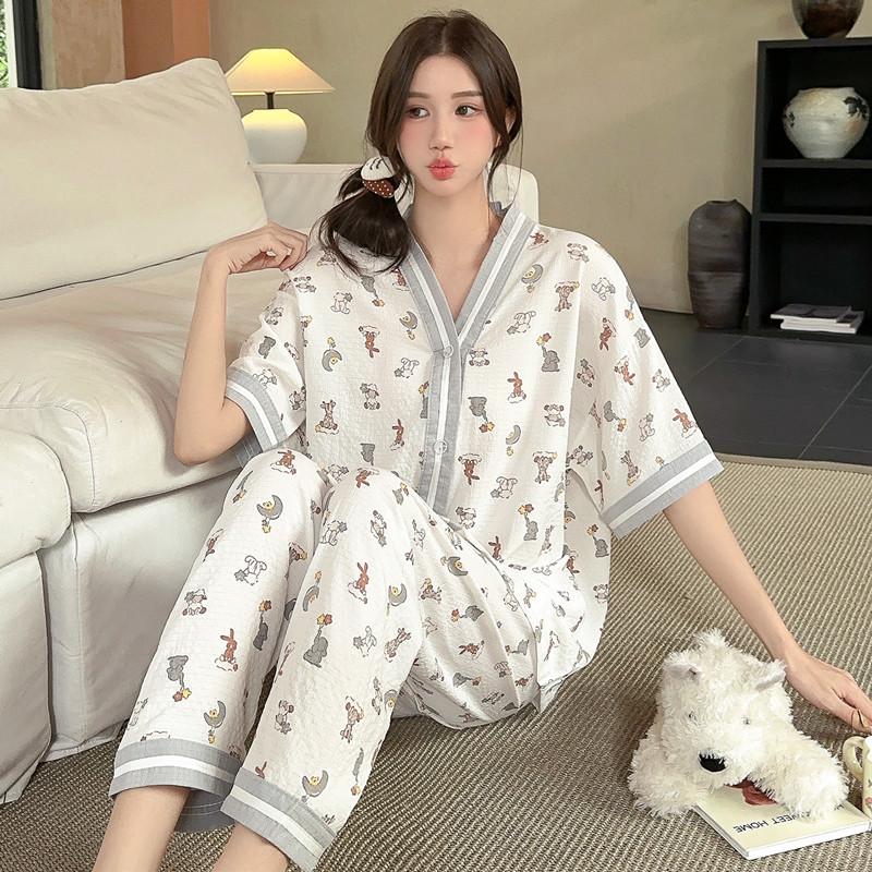 Summer short-sleeved bubble cotton yarn pleated pajamas female Internet celebrities popular trousers loungewear set