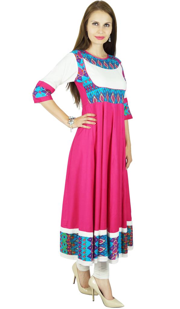 Bimba Women Pink Anarkali Kurti Long Flaired Rayon Kurta Indian Ethnic