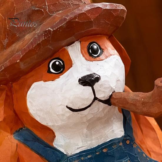 Western Cowboy Dog Figurine Style Pipe Puppy Figurine, Hand Carved Basswood Unique Painted Craft Gift Statue, Compact Ornament for Home Office Desktop