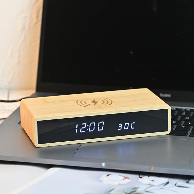 Bamboo Wireless Charging Clock Creative Electronic Mirror Clock Wooden Wireless Charging Sleep Alarm Clock Solid Wood Bamboo Clock