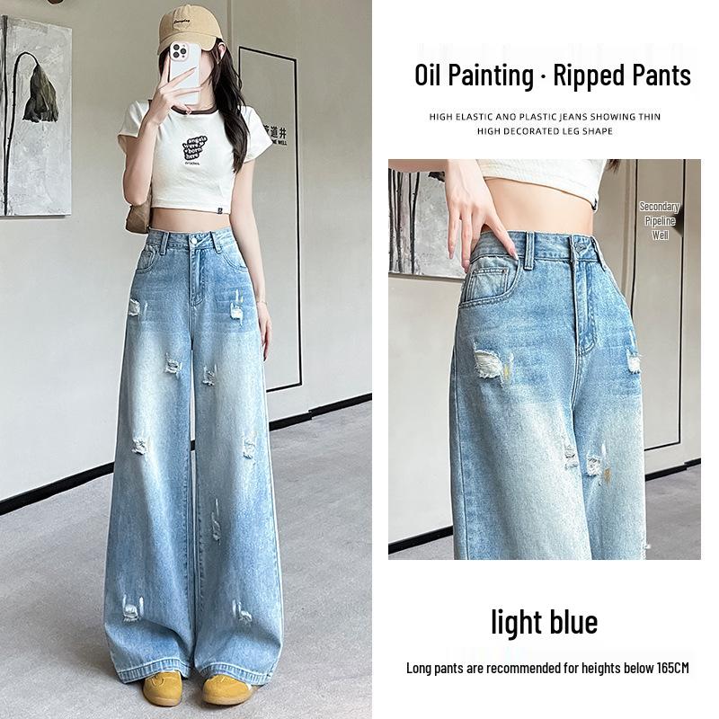 

2025 Women s Retro Distressed High-Waisted Slim-Fit Jeans - Loose, Washed, Faded, Ripped, Floor-Length Design L