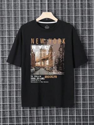 Street View Of Brooklyn, New York Men Clothing Oversized High Quality Streetwear Fashion Cotton Tops Casual Loose T-Shirt