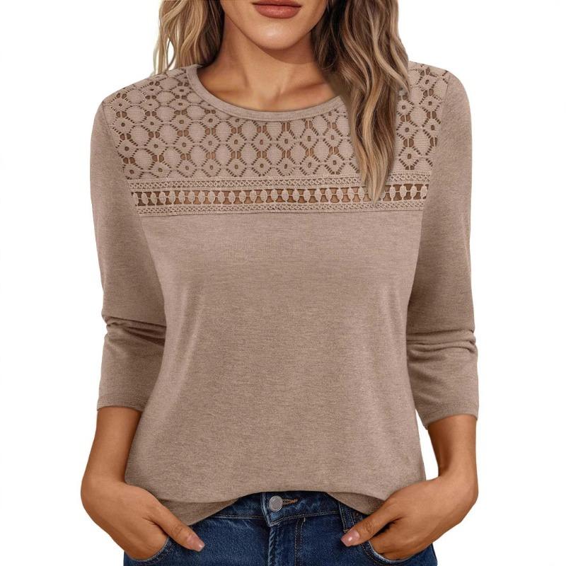 Women's Autumn Round Neck Top Lace Hollow Breathable Versatile Long Sleeve T-shirt