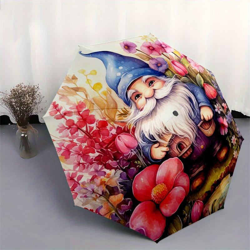 Gnome Garden Watercolor Art Print - Fantasy FloralPosterUmbrella, Portable 3-Fold Compact Umbrella for Men & Women Gift