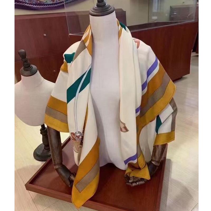 Autumn/Winter Silk Wool Square Scarf - Zhang Star Style, Yellow Damask, European & American Design 130 Square