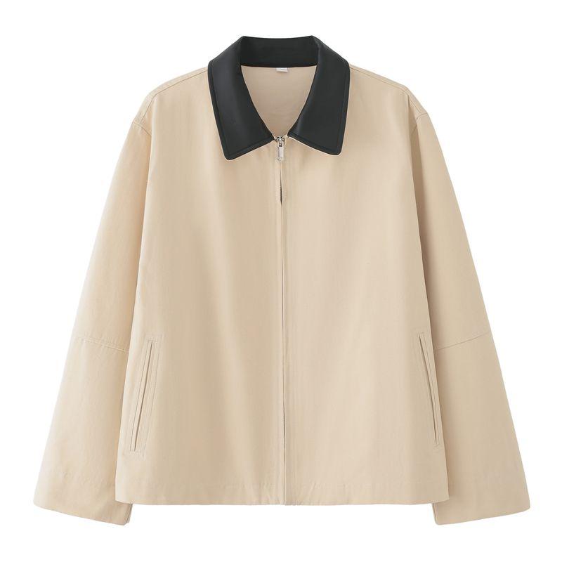 

Kaslead Новая женская одежда Западный стиль Мода Простой двухцветный лацкан из искусственной кожи Повседневная верхняя одежда Beige XS