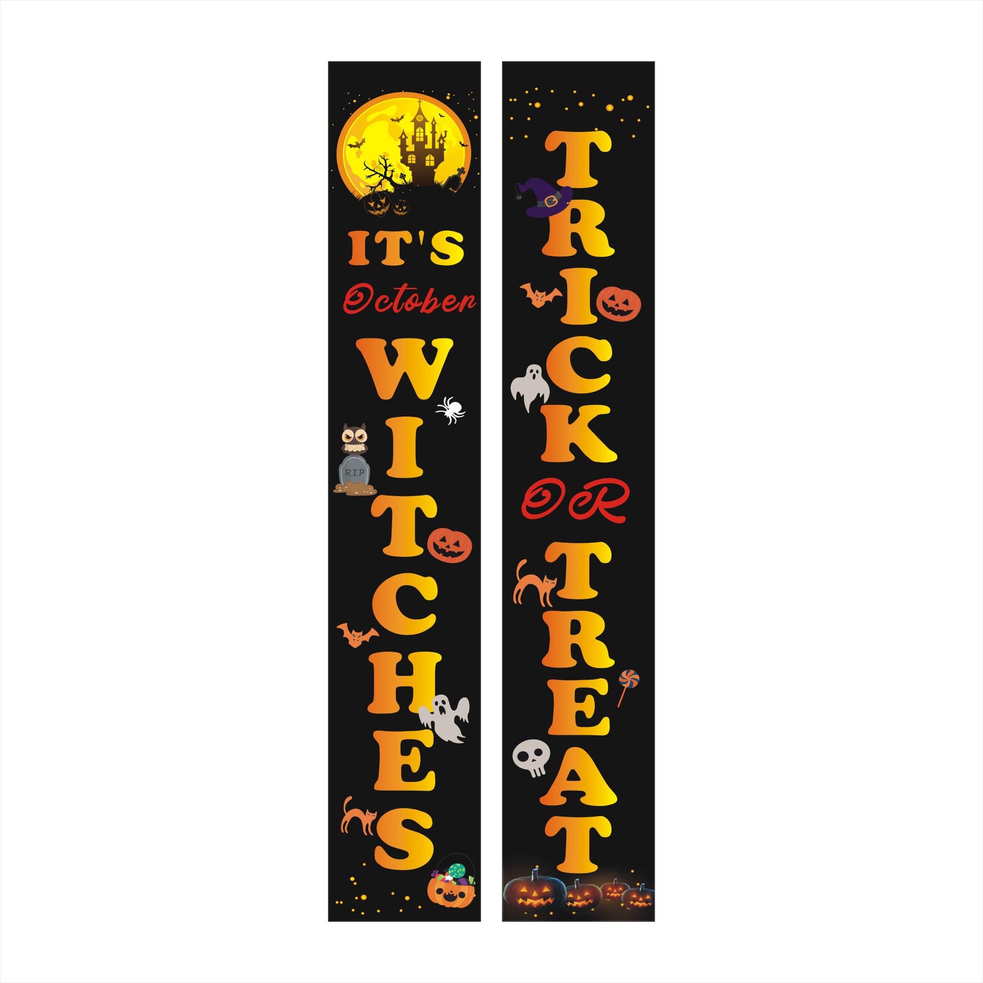 

1 Halloween Pair Couplet Banner Party Decor Treat Trick Porch Door Hanging Signs Black Whitches