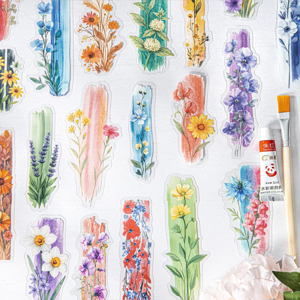 Kigofora Collage Material Flower Watercolor and Floral Collage 60 Translucent Diary Gift and Handmade Decoration Stickers and Stickers, Ink-Dyed