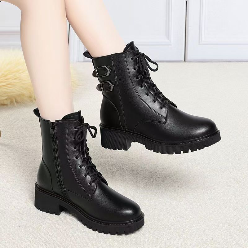 Women Winter Block Heel Real Leather Ankle Cotton Boots Thick Sole Non Slip Round Toe Waterproof Plush Warm Zippers Snow Boots