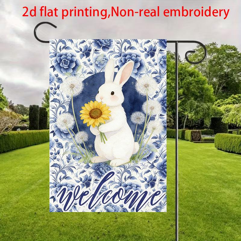 2D Flat - 2D Flat - 1pc, 2D Flat Printing, Rabbit Sunflower Welcome Garden Flag, Material, Multiple Sizes Available, Machine Washable for Outdoor Use,