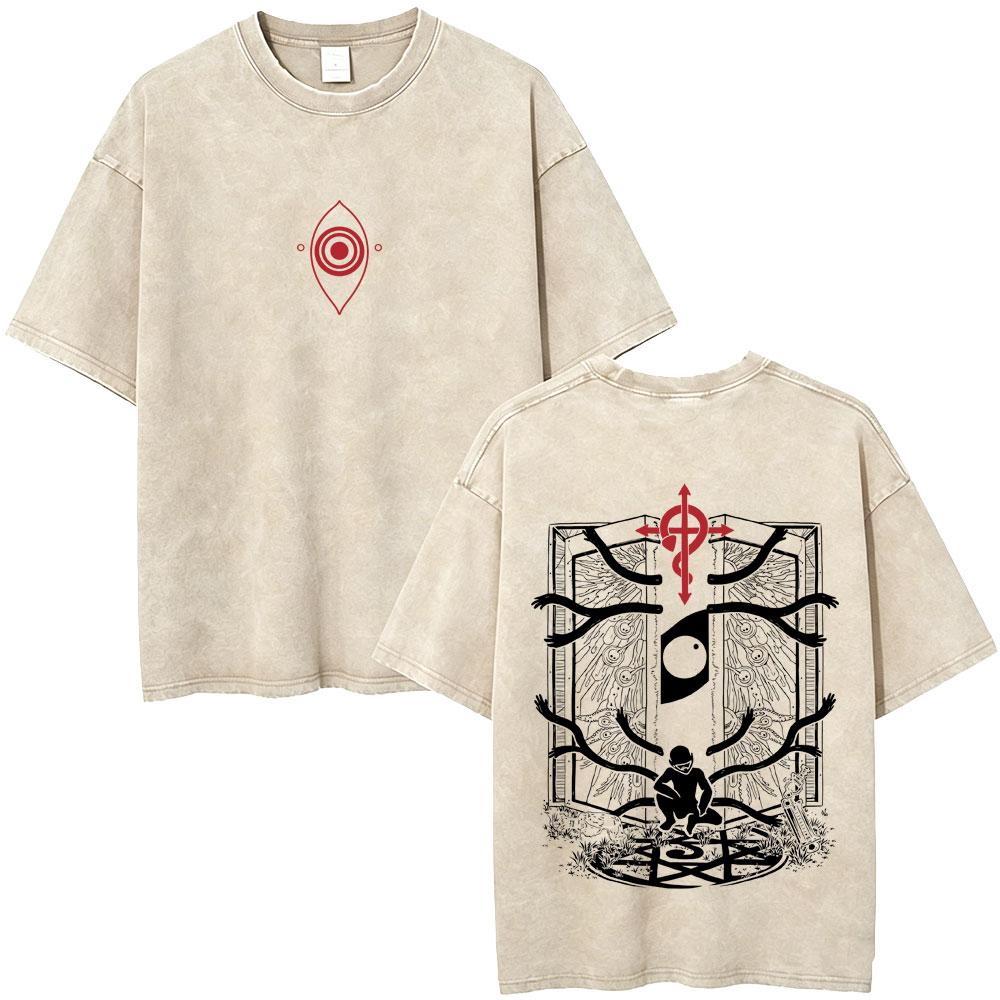 Camiseta Gráfica Lavada Vintage Anime Fullmetal Alchemist Edward Elric y Alphonse Elric para Hombre Mujer Manga Verano Retro Camisetas