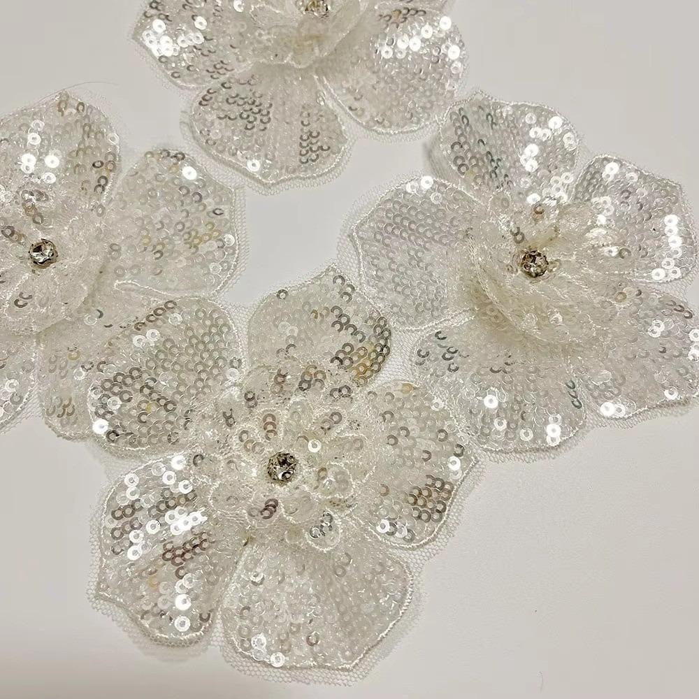 Black White Sequins Flower Appliques Handmade Clothing Accessories Sticker Lace Patches 3D Beaded Clothing Patch