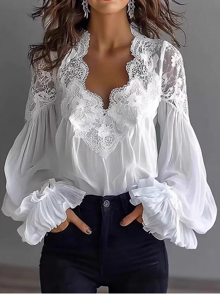 Long Sleeve Oversized Chiffon Lace Vintage Shirts & Blouses for Blouse Casual Loose Spring Summer Autumn Tops Women Shirt