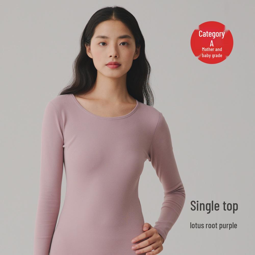 Women's 280g Extra Thick Pure Cotton Antibacterial Double-Brushed Round Neck Thermal Top