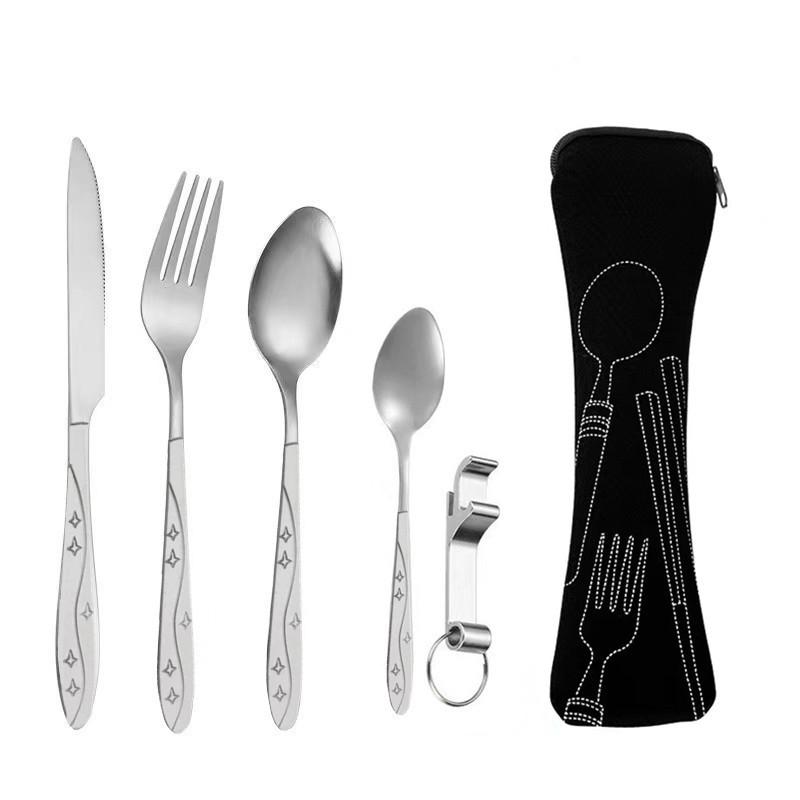 Tragbares Edelstahl-Besteckset - 5-teiliges Reisebesteck mit Messer, Gabel, Löffel und kleinem Löffel für Camping & Outdoor
