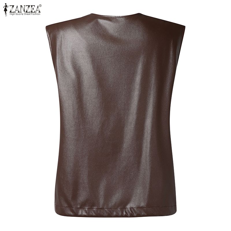ZANZEA Women Round Neck Sleeveless Faux PU Leather Casual Waistcoat Vest Coats