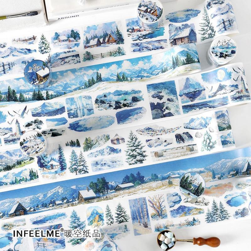 1 Roll 6x200cm Winter Snow Scene Tape Stickers Waterproof PET Material Removable Adhesive Notebook Decor Decals