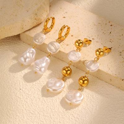 Vintage Irregular Imitation Pearl Earrings for Women, Gold Color Stainless Steel Drop Earrings, Elegant Jewelry Party Gifts