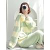 Green Stripe Pajamas Women's Autumn and Winter  Home Clothes Coral Fleece Thickened Outwear Suit You Can Wear It on The Street.